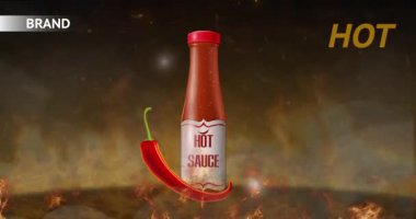 Acı sos reklamı. Kırmızı biberli acı sos paketiyle reklam pankartı ve yanan ateş. Pazarlama ve ürün tanıtımı için şablon ya da maket. Gerçekçi 3D canlandırma grafiği
