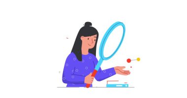 Ürün güvenliği ve kalite kontrolü. Elinde büyüteç olan bir kadının afişini taşımak ve standartlara uygun bir ürün moleküler bileşimini kontrol etmek. Düz grafik çizgi film