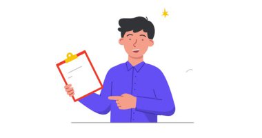 Ürün güvenliği ve kalite kontrolü. Elinde belge bulunan erkek müfettişin afişi, kalite standartlarına uyma garantisi veya sertifikası. Düz grafik çizgi film