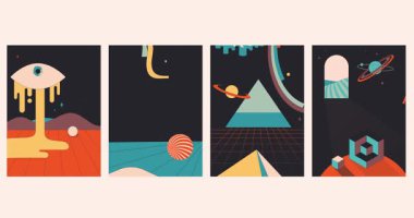 Soyut saykodelik posterler. Geometrik figürler ve yaratıcı garip elementlerle eski moda uzay kompozisyonları içeren hareketli afişler ya da kapaklar. Düz grafik çizgi film