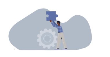 İş ekibi çalışması. Ofis çalışanlarıyla birlikte yapboz parçalarını bir araya getirmek. Girişimcilerin işbirliği, çalışanların ortaklığı ve işbirliği. Düz grafik çizgi film