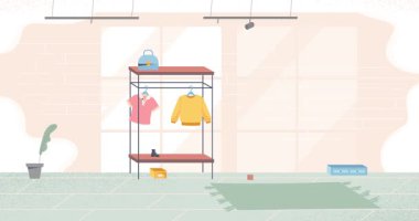 Sergi salonundaki insanlar. Kızların butikte, mağazada ya da perakende satış mağazasında alışveriş yaptığı afişler. Kadın karakterler şık kıyafetler ve ayakkabılar seçip denerler. Düz grafik çizgi film