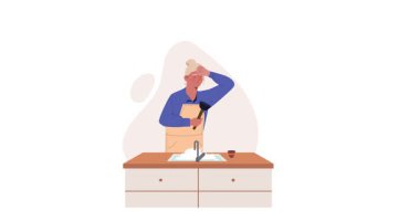 Ev işi çok zor. Kirli bulaşıkları yıkayan yorgun bir kadınla afiş asmak. Kadın karakter, günlük zor rutin işlerden yorgun düşüyor. Yorgun ev hanımı ev işleri yapıyor. Düz grafik çizgi film