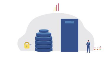 Bulut ev sahipliği konsepti. Girişimci ya da işçilerle pankart taşıyarak bilgileri elektronik veri depolama ya da arşivine yükleyip yüklemek. Uzak sunucu veya veritabanı. Düz grafik çizgi film