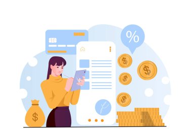 Kadın online bankacılık ve finans yönetimi için tablet kullanıyor, kredi kartı, bozuk para ve uygulama arayüzü beyaz arka planda düz bir şekilde. Dijital ekonomi kavramı. Vektör illüstrasyonu