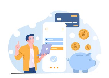 Bilgisayar kullanan bir adam soyut arka planda giriş ekranı, kredi kartı, bozuk para ve domuz kumbarası kullanıyor. Finans ve tasarruf kavramı. Vektör illüstrasyonu