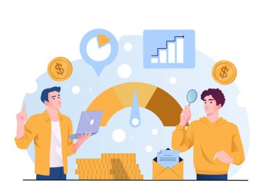 Finansal performansı grafikler, madeni paralar ve modern düz arkaplanda bir kredi skormetre ile analiz eden iki adam. Finans ve ekonomik araştırma kavramı. Vektör illüstrasyonu