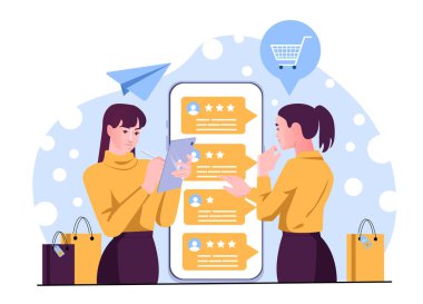 İki kadın, alışveriş ikonları ve soyut arka planda poşetlerle geniş bir akıllı telefon ekranı önünde, bir tablet üzerinde müşteri değerlendirmelerini analiz ediyor. Vektör illüstrasyonu