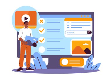 Beyaz arkaplan üzerinde kontrol listeleri, arama çubuğu ve küçük resimler olan büyük bir medya arayüzü ekranına anext tutan adam. İçerik yönetimi kavramı. Vektör illüstrasyonu