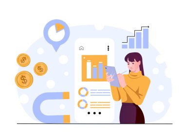 Finans analizi için tablet kullanan kadın. Soyut arka planda bar tabloları, mıknatıs ve dolar paraları var. Dijital pazarlama ve gelir artışı kavramı. Vektör illüstrasyonu