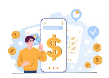 Akıllı telefon ekranındaki finansal verileri analiz eden genç bir adam dolar sembolü, düz grafik tarzı, beyaz arka plan, mobil bankacılık kavramı. Vektör illüstrasyonu