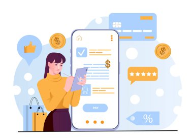 Geniş bir akıllı telefon ekranının yanında online alışveriş için tablet kullanan bir kadın, kredi kartı, bozuk para ve açık arkaplanda alışveriş simgeleri var. E-ticaret kavramı. Vektör illüstrasyonu