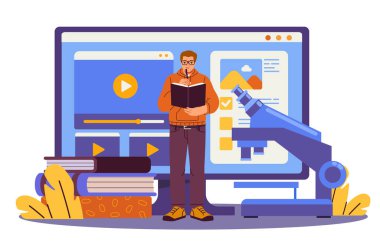 Erkek öğrenci, büyük ekranda, mikroskop, kitaplar ve eğitim içeriğiyle kitap okuyor, beyaz arka planda düz stil. E-öğrenme kavramı. Vektör illüstrasyonu