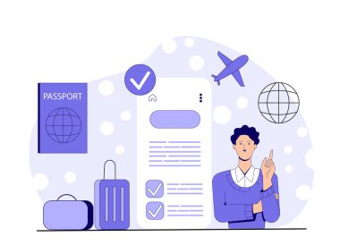 Pasaport, bavul, uçak ve dünya soyut arkaplan ile çevrili kontrol listesi arayüzünü gösteren adam. Seyahat hazırlığı kavramı. Vektör illüstrasyonu