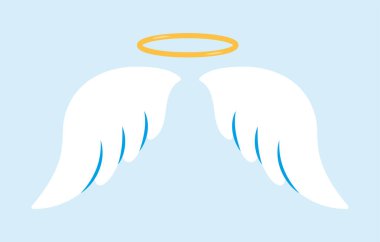 Beyaz melek kanatları, üzerinde altın bir halesi olan düz, yumuşak mavi bir arkaplan üzerine kurulmuş. Saflık, kutsallık ve cennet kavramı. Vektör illüstrasyonu