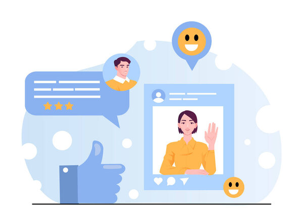 Woman waving in social media post with smiling emojis, male avatar giving review stars, thumbs up symbol, flat graphic style, on white background. Concept of online feedback. Vector illustration