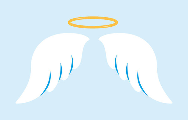 White angel wings with a golden halo above them in a simple flat style, centered on a soft blue background. Concept of purity, divinity, and heaven. Vector illustration