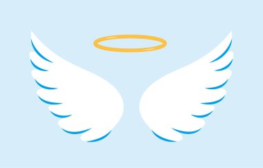 Beyaz melek kanatları ve düz mavi arkaplanda düz grafik şeklinde altın halo simgesi, saflığı, kutsallığı ve ruhaniliği sembolize ediyor. Vektör illüstrasyonu