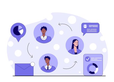 İş adamları mesaj simgeleri, grafikleri ve soyut arka planda düz bir şekilde avatarlar. Takım çalışması ve veri paylaşımı kavramı. Vektör illüstrasyonu