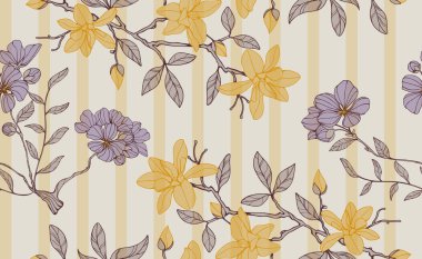 Sarı ve mor çiçekli kusursuz desen, bej çizgili arka planda elle çizilmiş şekil. Zarafet, doğa ve botanik tasarım kavramı. Vektör illüstrasyonu