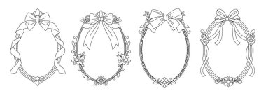Beyaz arka planda dört adet süslü oval çerçeve, fiyonk, çiçek ve kurdeleyle dekore edilmiş. Dekoratif sınırlar kavramı. Vektör illüstrasyonları ayarlandı