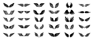 Beyaz arkaplanda çeşitli siyah kanat simge tasarımları koleksiyonu. Özgürlük, uçma, maneviyat ve mitoloji kavramı. Vektör illüstrasyonları ayarlandı