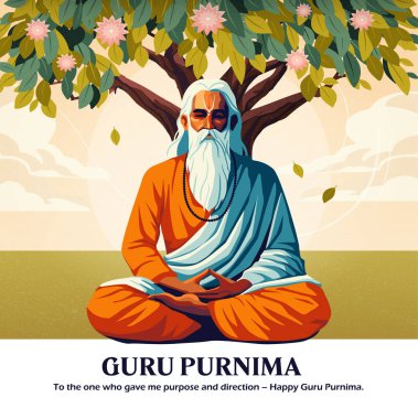 Bilge bir guru, dingin bir geçmişe sahip çiçek açan bir ağacın altında meditasyonda oturur ve Guru Purnima 'yı ve ruhani rehberliği kutlar. Vektör illüstrasyonu