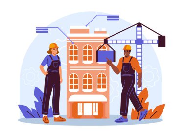 Üniformalı ve miğferli iki inşaat işçisi inşaat halindeki bir binanın yanında dikiliyorlar, bir vinçle, arka planda hafif bir vinçle. Takım çalışması kavramı. Vektör illüstrasyonu