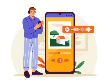 Kulaklık takan genç bir adam, beyaz arkaplanda bir medya oyuncusunun arayüzünü gösteren büyük bir akıllı telefon ekranının yanında telefon tutuyor. Vektör illüstrasyonu