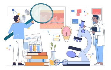 İki bilimadamı mikroskop, test tüpleri ve çizelgeler üzerinde çalışıyor, düz grafik tarzı, beyaz arka plan. Tıbbi araştırma kavramı. Vektör illüstrasyonu