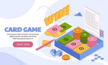 Soyut bir arkaplanda izometrik tarzda jetonlar, zarlar, kartlar ve bir kalem içeren renkli kart oyunu düzeneği. Strateji ve eğlence anlayışı. Vektör illüstrasyonu