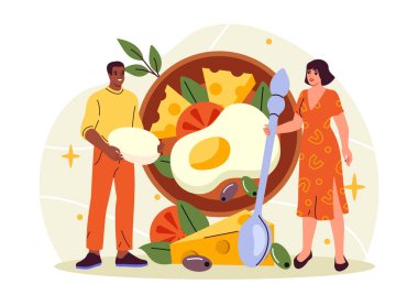 İki çizgi film karakteri ellerinde yumurta ve kaşık gibi büyük boy kahvaltı malzemesi, arkasında da beyaz arka planda bir kase salata var. Sağlıklı beslenme kavramı. Vektör illüstrasyonu