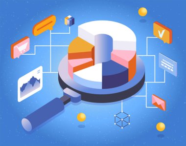 Büyüteç altındaki pasta grafiği analitik, mesaj, alışveriş ve mavi gradyan arkaplandaki verileri temsil eden simgelerle çevrilidir. Vektör illüstrasyonu