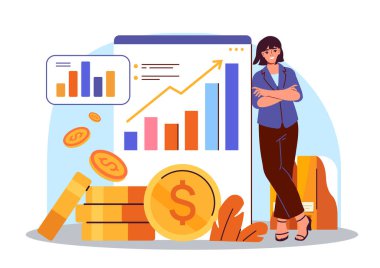 Beyaz arka planda yükselen grafikler ve bozuk paralarla finansal büyüme kurulunun yanında duran iş kadını. Başarı ve finansal strateji kavramı. Vektör illüstrasyonu
