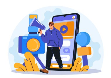 Yaratıcı bir dijital medya konseptinde akıllı telefon, kamera ve mikrofonun yanında duran genç bir erkek nüfuz sahibi. Vektör illüstrasyonu