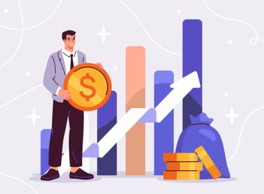 Elinde bozuk para tutan bir işadamı büyüyen bar çizelgesi ve okun yanında, modern düz stil, arka planda. Finans, yatırım ve iş başarısı kavramı. Vektör illüstrasyonu