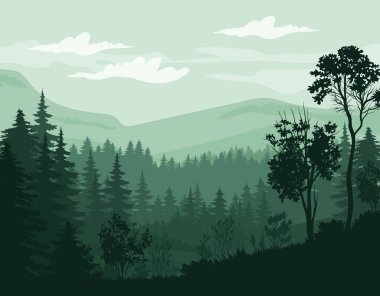 Yoğun çam ormanı, katmanlı tepeler, ağaç siluetleri, ve yeşil tonlarda bulutlu gökyüzü doğal arka planda. Vahşi yaşam ve sükunet kavramı. Vektör illüstrasyonu