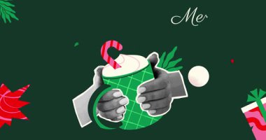 Mutlu Noeller kolajı. Köknar dalları, hediyeler ve elinde sıcak içecek bardağı olan soyut hareketli afiş. Yeni yıl kutlaması için şenlik tasarımı. Yarım ton biçiminde düz grafik çizgi film