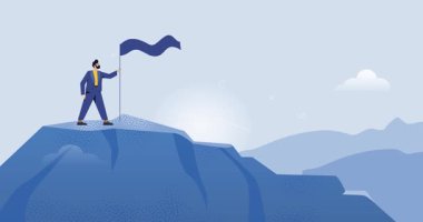 Takım çalışması ve ortaklık. Girişimciler ve ofis çalışanlarının birbirine dağın zirvesine tırmanmada yardım ettiği afişler. Kariyer gelişimi ve başarı. Düz grafik çizgi film