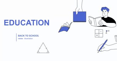 Okula dönelim. Okul öğrencilerinin kitap okuduğu ve derslere hazırlandığı afişler ya da iniş sayfaları. Eğitim, öğrenim ve öğrenim. Düz çizgi canlandırılmış grafik