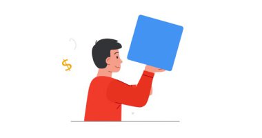 Web tasarımcısı. İniş sayfası ya da uygulaması için yaratıcı erkek tasarımcıyla afiş hazırlamak. Kullanıcı Arayüzü Geliştirmesi. UX ve UI. Düz grafik çizgi film