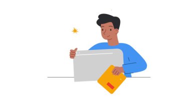 Web tasarımcısı. Erkek tasarımcıyla birlikte hareket eden afiş web sitesi kablosu oluşturma ve iniş sayfasının kullanıcı arayüzünü geliştirme. Yaratıcı çalışan. UX ve UI. Düz grafik çizgi film