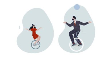 Çoklu görev ve verimlilik. Girişimciler ve ofis çalışanlarının tek tekerlekli bisiklete bindiği, görev ve projelerle hokkabazlık yaptığı afişler. Zaman yönetimi ve verimlilik. Düz grafik çizgi film