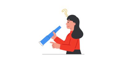 Yaşam yolunu arıyorum. Teleskoptan bakan düşünceli bir kadınla afiş asmak, bilinmeyen geleceğe bakmak ve kimliğini bulmak. Önemli noktalar. Düz grafik çizgi film