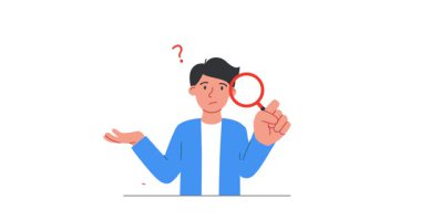 Yaşam yolunu arıyorum. Düşünceli bir adamın büyüteç tuttuğu sancak ve hayatta bir yolu seçmesi. Kader ve Amaç. Düz grafik çizgi film