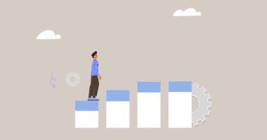 Ortaklık ve takım çalışması. Girişimci pankartı, çalışanların kariyer basamaklarını tırmanmasına ve finansal iş başarısına ulaşmasına yardımcı oluyor. Destek ve yardım. Düz grafik çizgi film