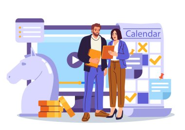 İki iş adamı proje planlarını dijital takvim, satranç şövalyesi ve soyut arkaplanda madeni paralar ile tartışıyor. Strateji ve zaman yönetimi kavramı. Vektör illüstrasyonu