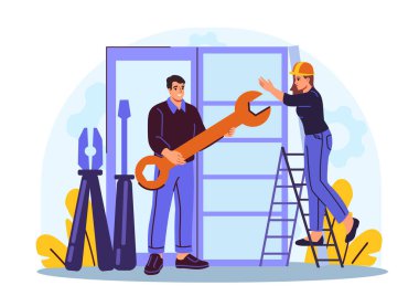 İki işçi, soyut şekilleri ve bitkileri olan beyaz bir arka planda, düz çizgi film tarzında, bir pencere çerçevesini tamir etmek için büyük aletler kullanıyor. İşbirliği kavramı. Vektör illüstrasyonu