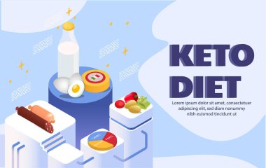 Keto diyet gıdalarının özgün tasarımı süt, yumurta, peynir, sosis, sebze ve soyut mavi arka planda bir makro besin tablosu. Beslenme kavramı. Vektör illüstrasyonu