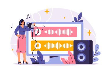 Kulaklık takan ve ses dalgalarını hoparlör ve müzik elementleriyle gösteren bir ekranın önünde mikrofona ses kaydeden kadın şarkıcı. Vektör illüstrasyonu
